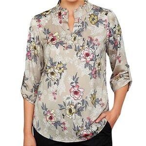 PerSeption Concept Womens Floral Ruffle Neck Blouse Taupe Pink Yellow Size M
